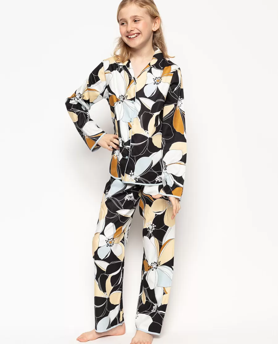 Hot Beth Black Floral Print Pyjama Set Kids Girls Pyjamas