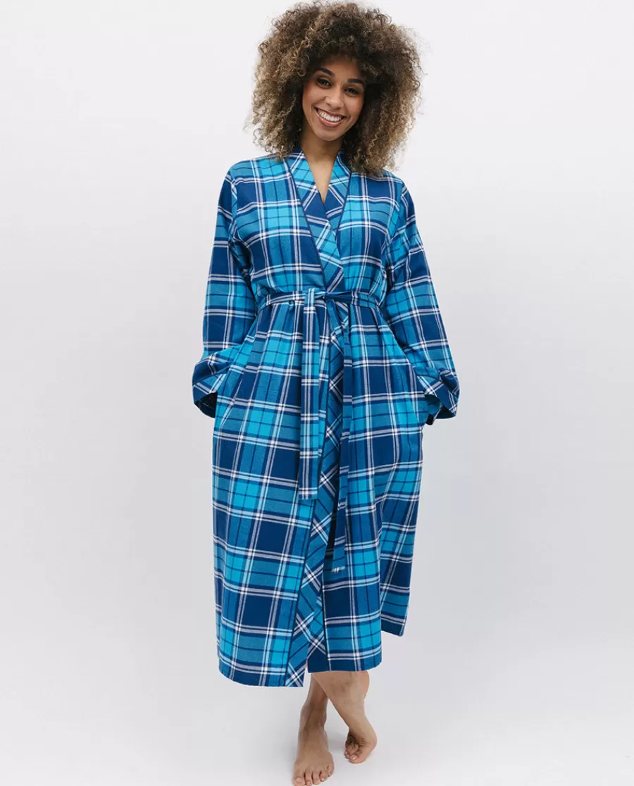 Online Brushed Blue Check Long Dressing Gown Women Dressing Gowns