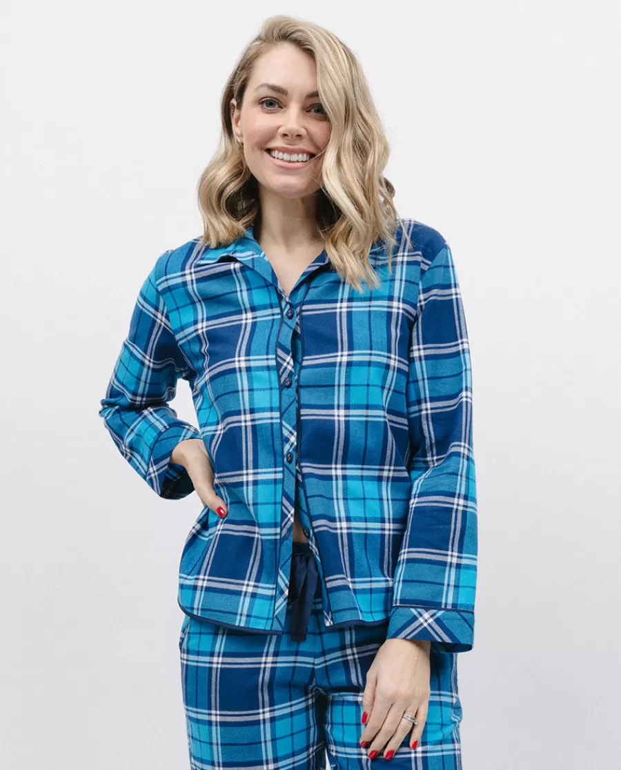 Best Sale Brushed Blue Check Pyjama Top Women Pyjama Tops