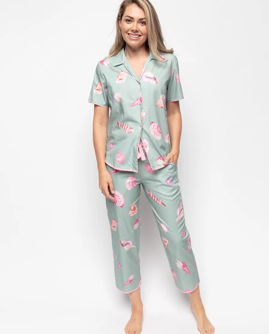 Best Coral Shell Print Cropped Pyjama Set Women Pyjama Sets