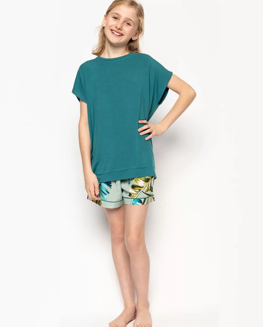 Best Eleanor Aqua Green Jersey Top And Palm Leaf Print Shorty Set Kids Girls Pyjamas
