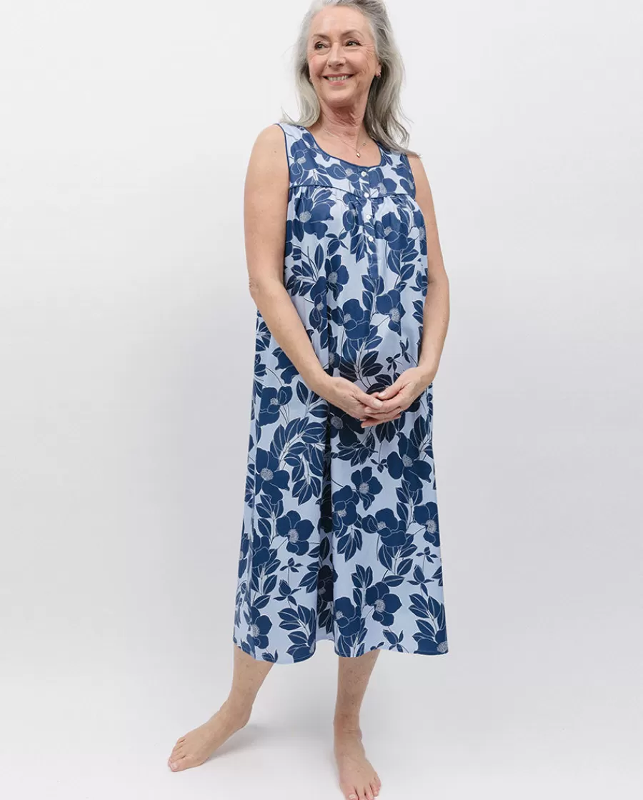 Cheap Evette Blue Floral Print Long Nightdress Women Nightdresses