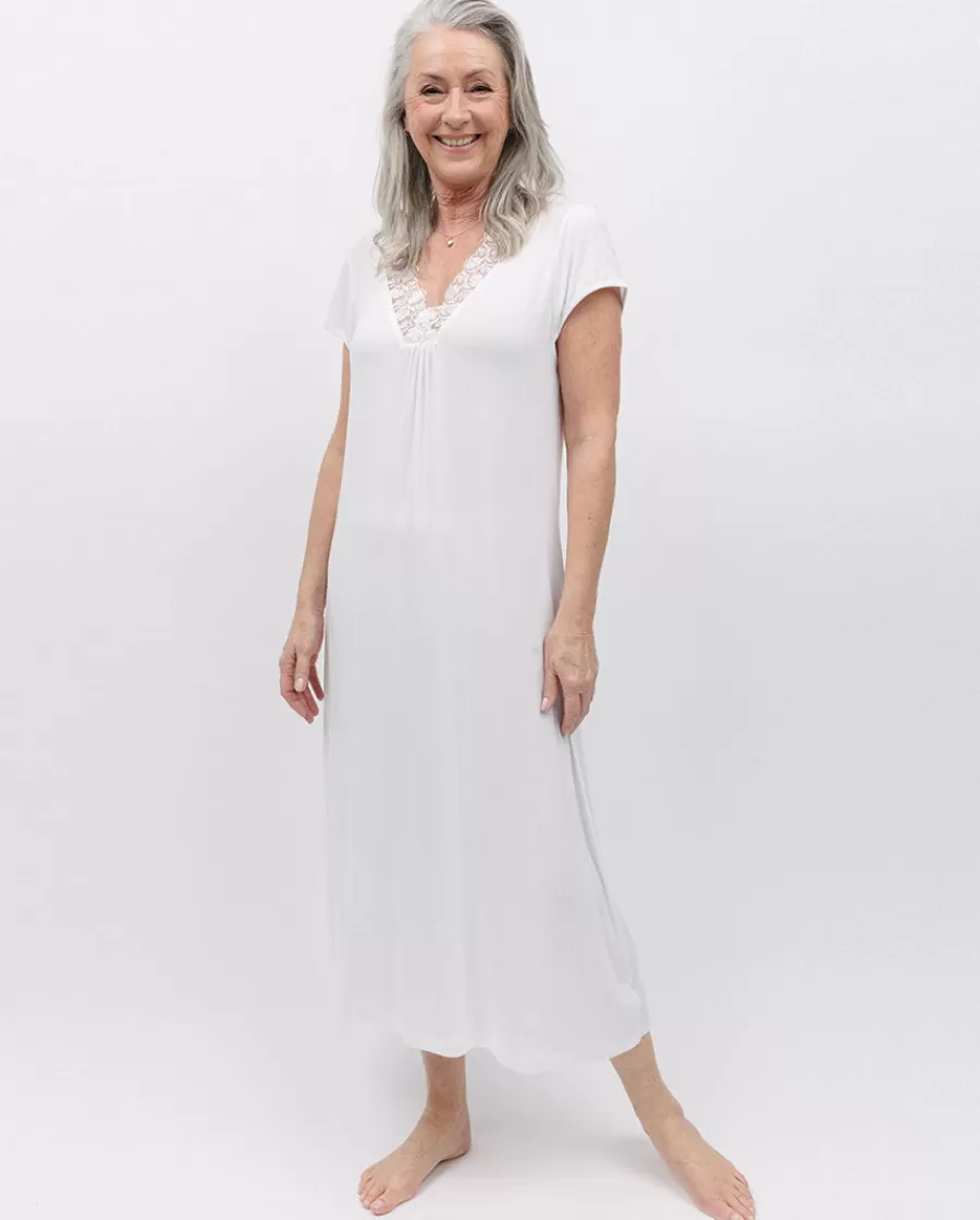 Store Evette Lace Detail White Jersey Long Nightdress Women Loungewear