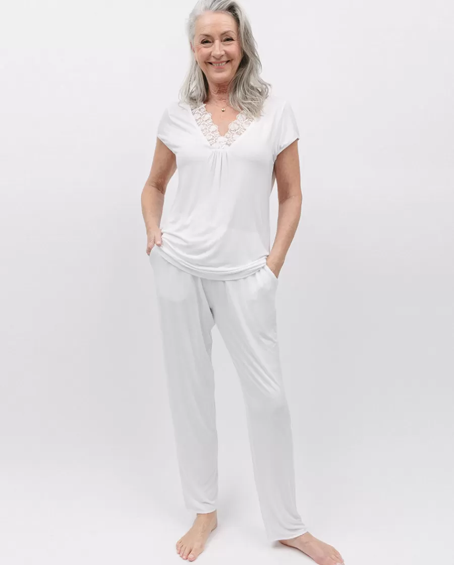 Discount Evette Lace Detail White Jersey Pyjama Set Women Loungewear