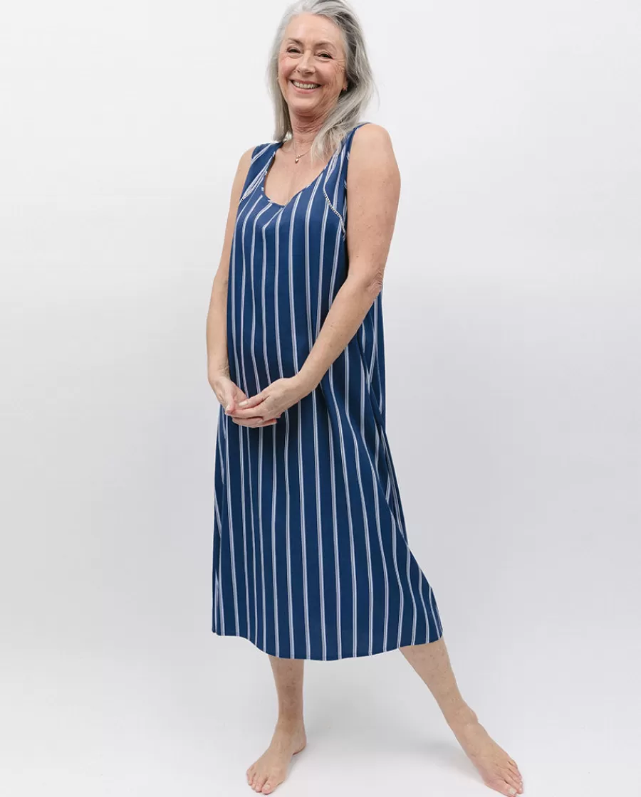 Hot Evette Lace Trim Printed Stripe Long Nightdress Women Nightdresses
