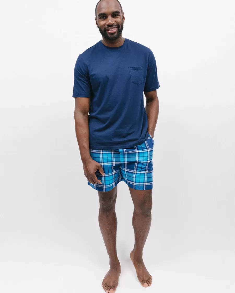 Discount Jersey T-Shirt And Blue Check Shorty Set Men Pyjama Sets