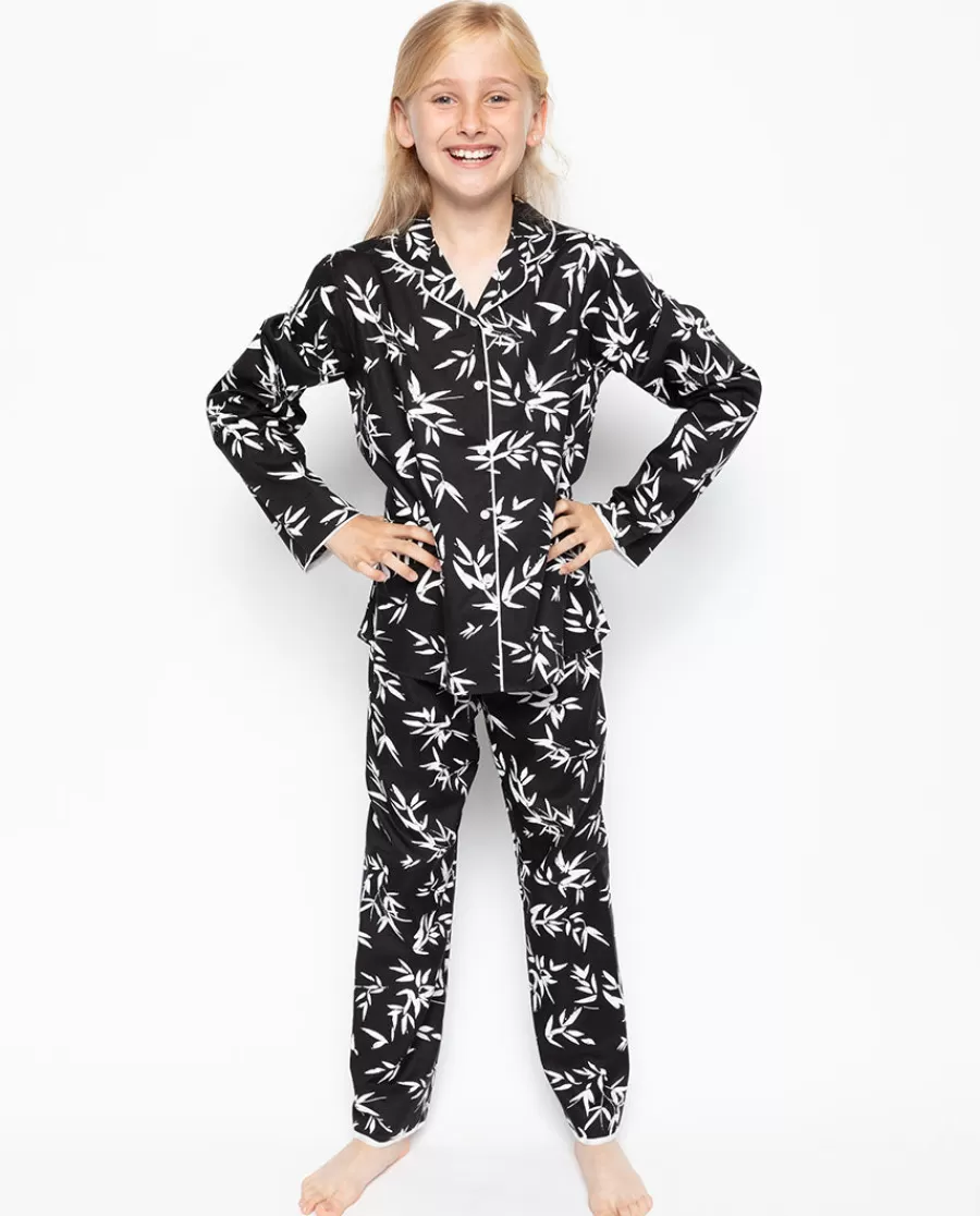 New Katie Black Bamboo Leaf Print Pyjama Set Kids Girls Pyjamas
