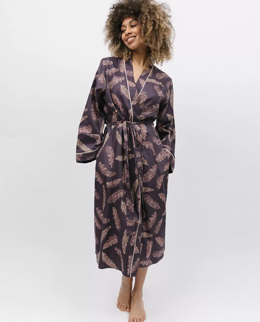 New Lana Feather Print Long Dressing Gown Women Dressing Gowns