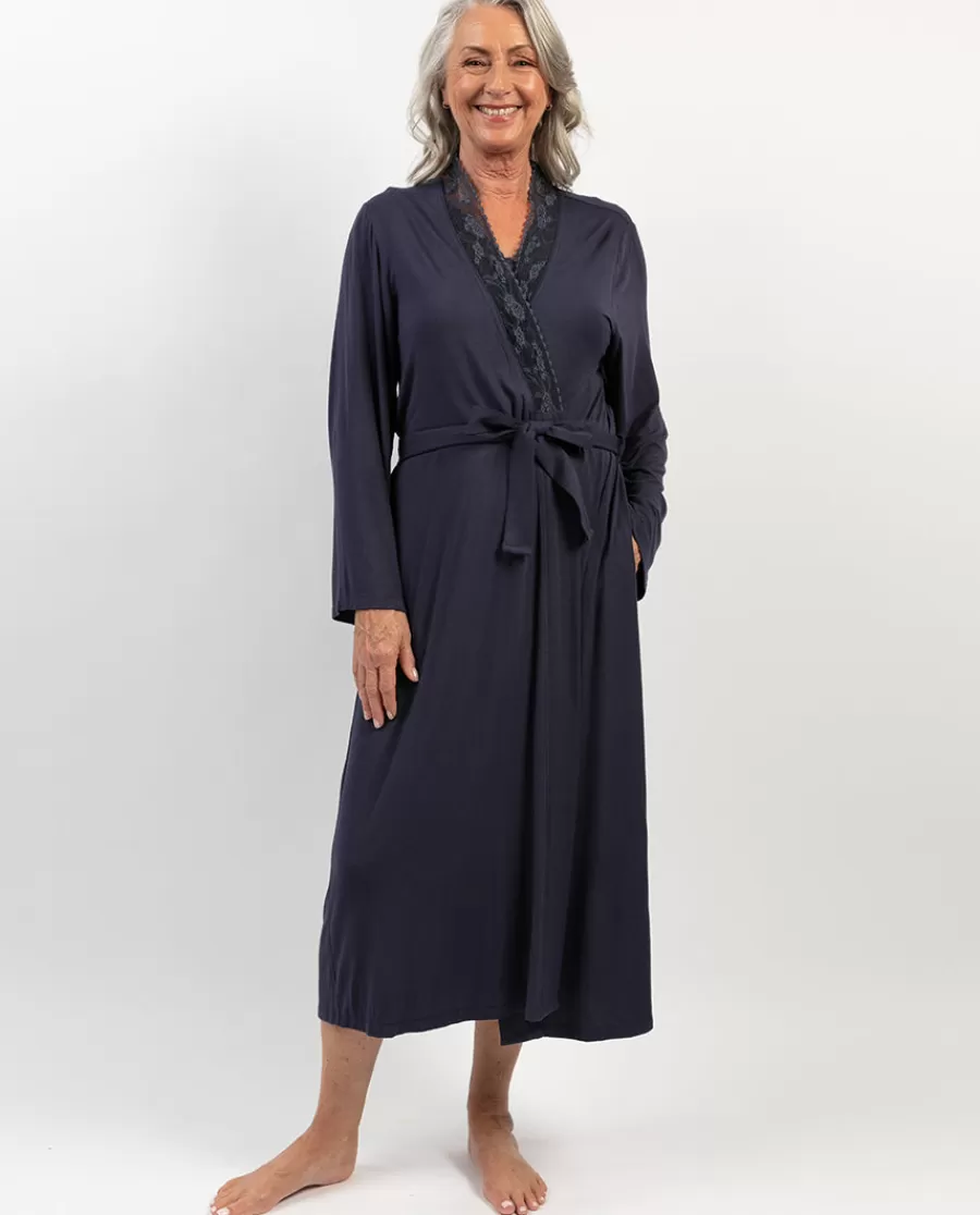 Best Maeve Lace Detail Navy Jersey Long Dressing Gown Women Dressing Gowns