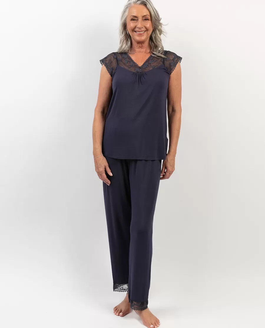 Best Sale Maeve Lace Detail Navy Jersey Pyjama Set Women Loungewear