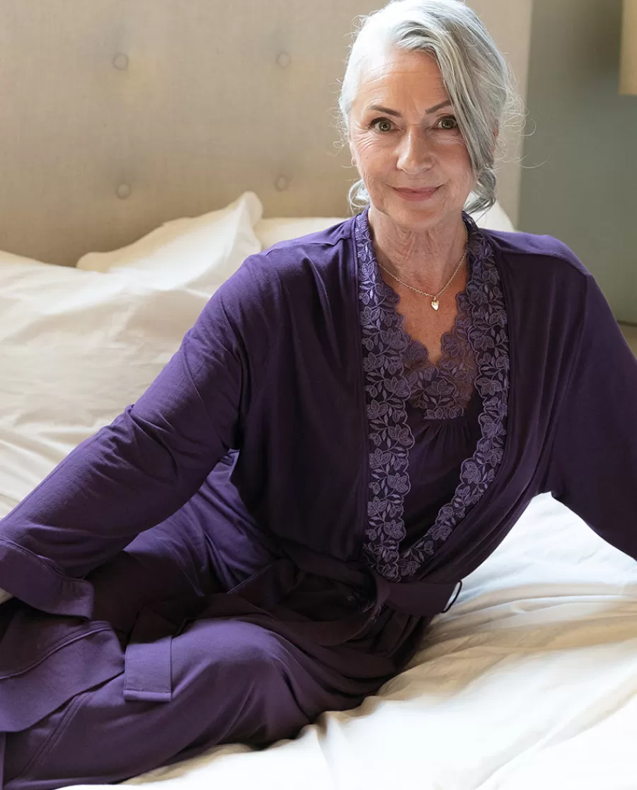 Store Maeve Lace Detail Purple Jersey Long Dressing Gown Women Dressing Gowns