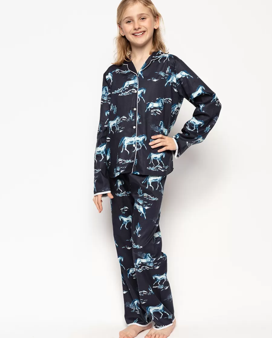 Hot Verity Navy Horse Print Pyjama Set Kids Girls Pyjamas