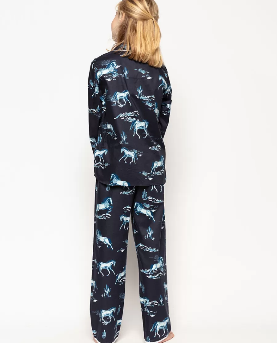 Hot Verity Navy Horse Print Pyjama Set Kids Girls Pyjamas