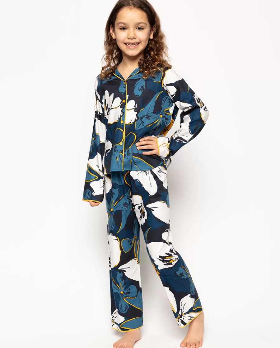 Sale Verity Petrol Blue Floral Print Pyjama Set Kids Girls Pyjamas