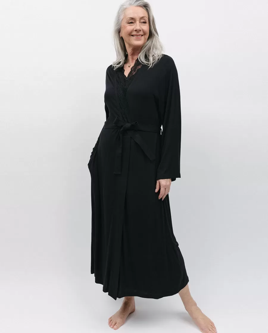 Fashion Winnie Black Lace Detail Jersey Long Dressing Gown Women Loungewear