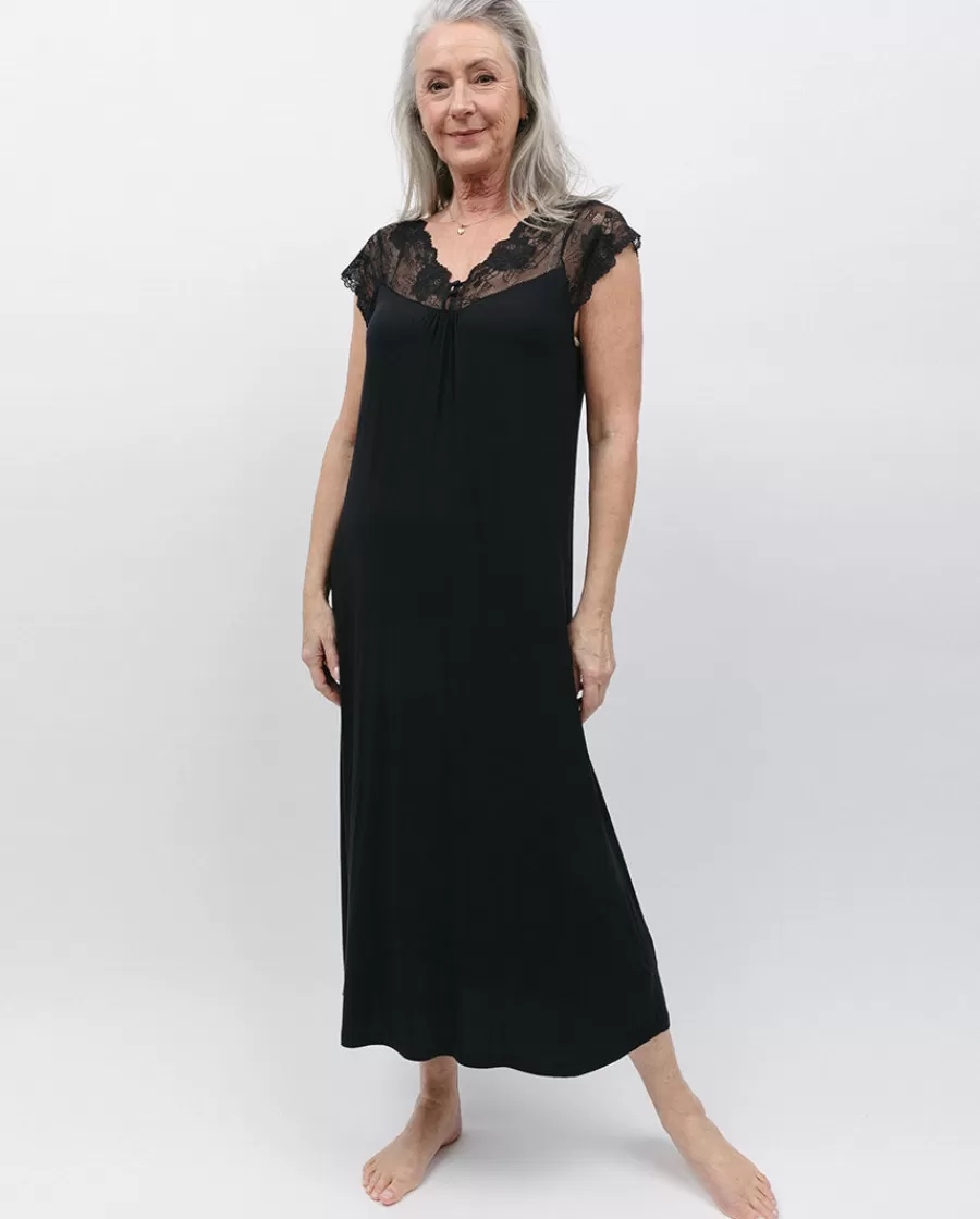 Best Sale Winnie Black Lace Detail Jersey Long Nightdress Women Loungewear