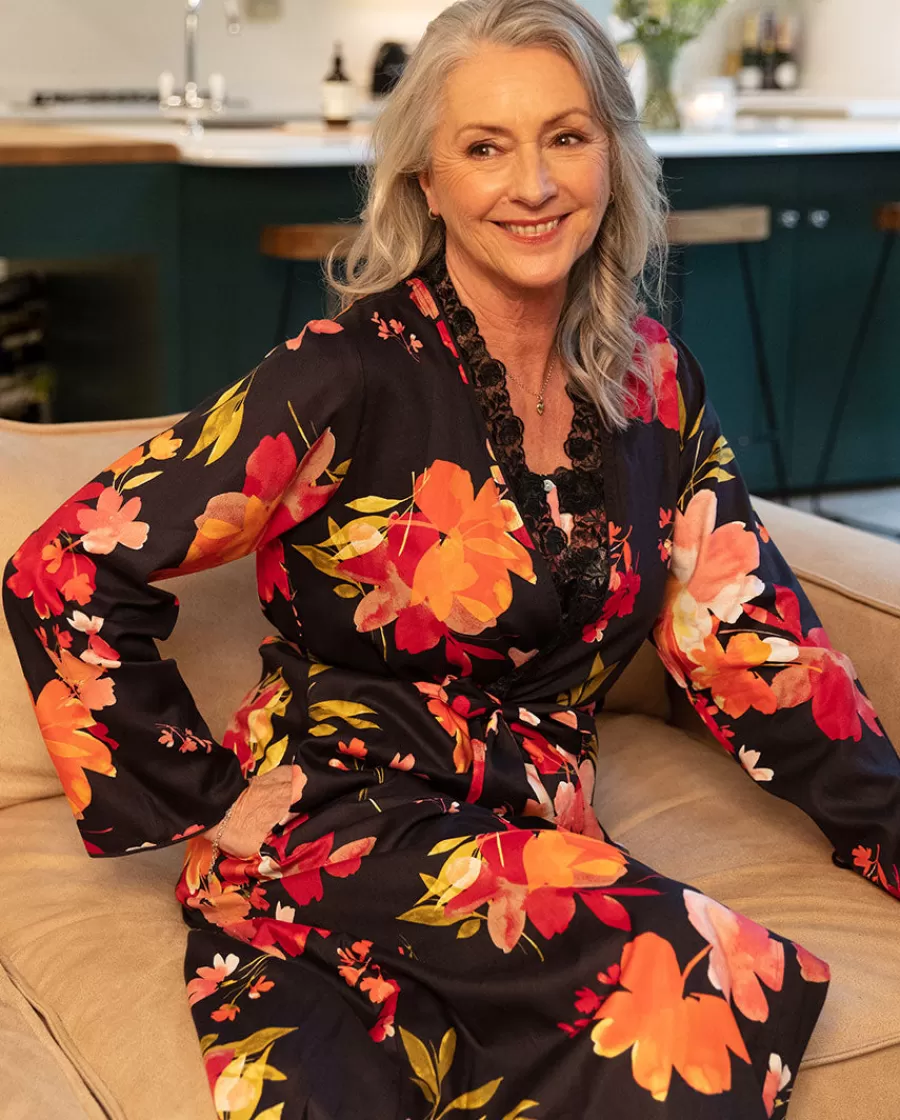 Discount Winnie Lace Detail Black Floral Print Long Dressing Gown Women Dressing Gowns