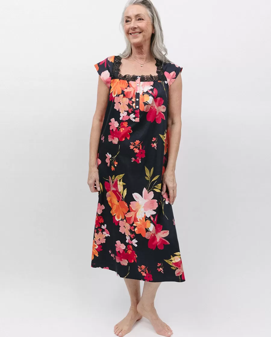 Cheap Winnie Lace Detail Black Floral Print Long Nightdress Women Nightdresses