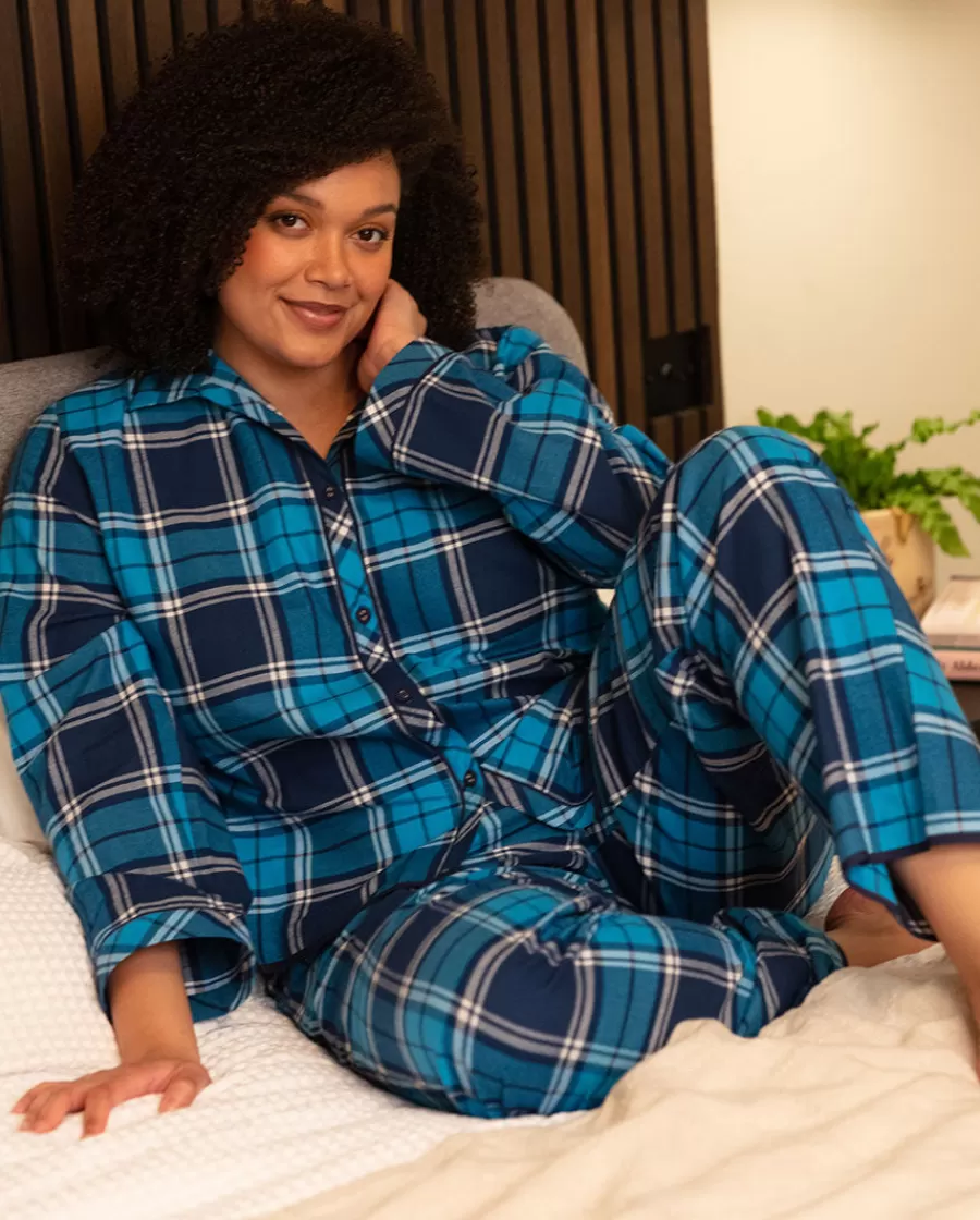Cheap Womens Blue Brushed Check Pyjama Set Women Pyjama Sets