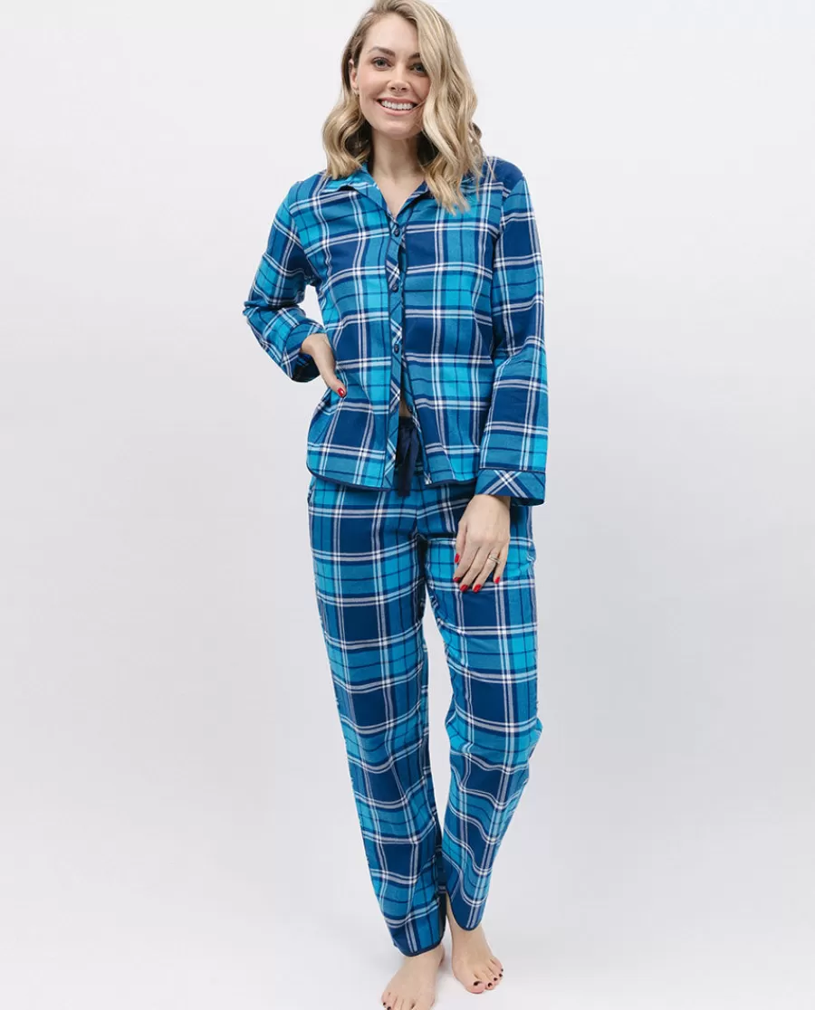 Cheap Womens Blue Brushed Check Pyjama Set Women Pyjama Sets